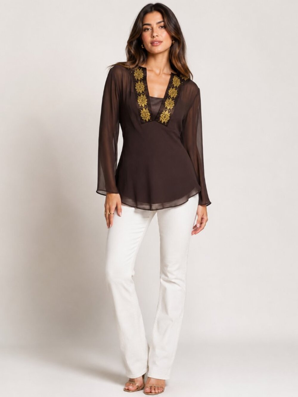 Harold’s 100% Silk Brown Gold Embroidered Tunic Blouse | Women's Size Small